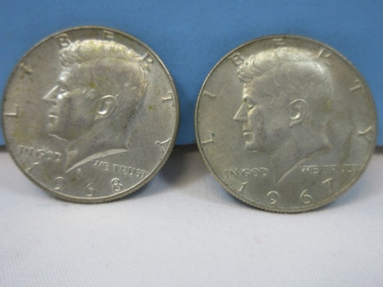 1967/1968 2 Kennedy Silver Half Dollar Coins Philadelphia No Mint Mark 40% Silver Wgt. 11.5 G