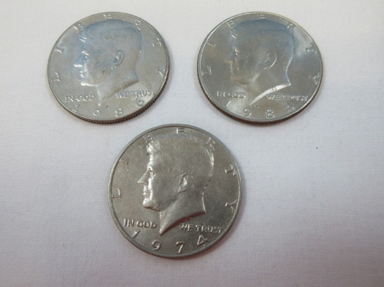 3 Kennedy Half Dollar Coins 1974, 1984-P Philadelphia Mint Mark, 1986-P Philadelphia Mint Mark