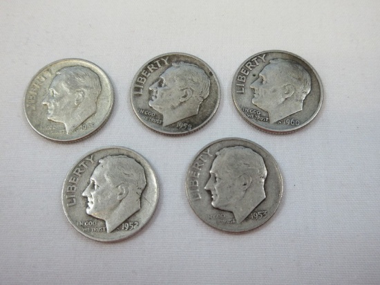 5 Roosevelt Silver Dime Coins 2 are 1952-D, 1953-D, 1958-D, 1960-D All Have Denver Mint Mark