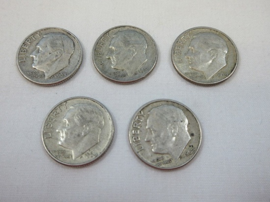 5 Roosevelt Silver Dime Coins 1962-D, 2 are 1963-D, 2 are 1964-D All Have Denver Mint Mark