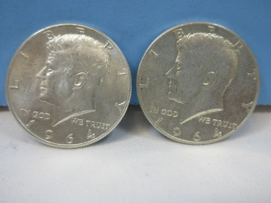 2-1964 Kennedy Silver Half Dollar Coins Philadelphia No Mint Mark 90% Silver Wgt. 25 G