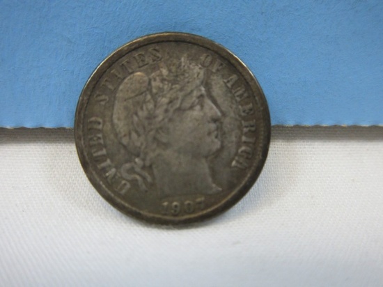 1907 Early Barber Silver Dime coin Philadelphia No Mint Mark 90% Silver Wgt. 2.5 G