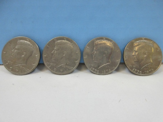 4 Kennedy Half Dollar Coins 2 Are 1776-1976 Bicentennial Coins Independence Hall on Reverse