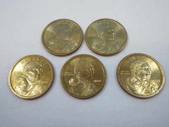 5-2000-P Sacagawea Golden Tone One Dollar Coins Philadelphia Mint Mark
