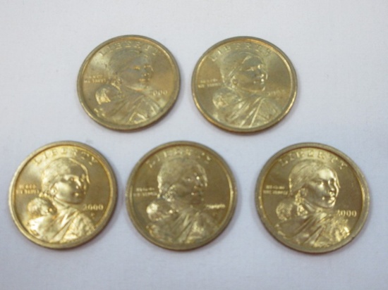 5-2000-P Sacagawea Golden Tone One Dollar Coins Philadelphia Mint Mark