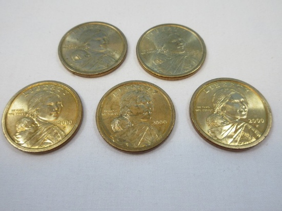 5-2000-P Sacagawea Golden Tone One Dollar Coins Philadelphia Mint Mark
