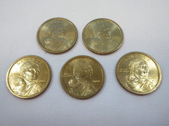 5-2000-P Sacagawea Golden Tone One Dollar Coins Philadelphia Mint Mark
