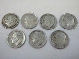 7 Roosevelt Silver Dime Coins Philadelphia No Mint Mark 90% Silver Dates 1949, 1950, 1951,