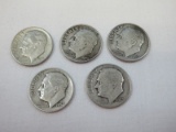 5 Roosevelt Silver Dime Coins 2 are 1952-D, 1953-D, 1958-D, 1960-D All Have Denver Mint Mark