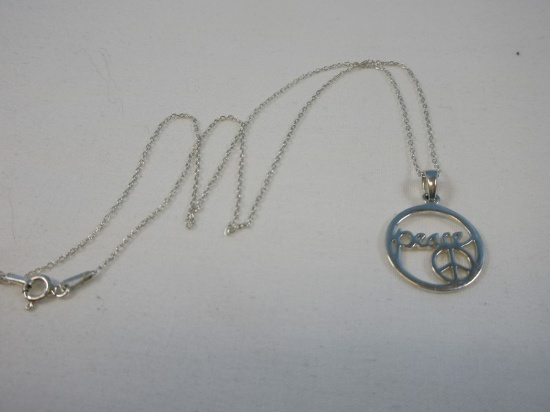 Fantabulous 925 Sterling Silver Pendant Inscribed "Peace" w/ Symbol on Cable Sterling Chain