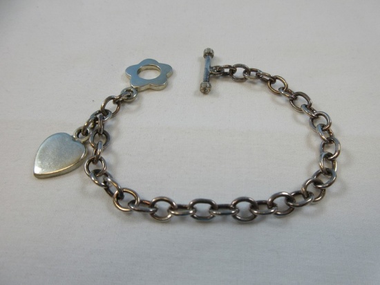 Sterling Silver Mexico Heart Charm Cable Chain Link Bracelet w/ Flower Toggle Clasp 7"