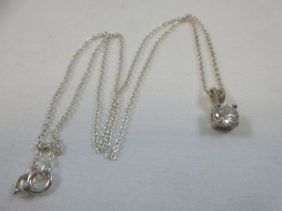 Sterling Silver Cable Chain Necklace w/ Cubic Zirconia Solitaire Floating Pendant in Presentation