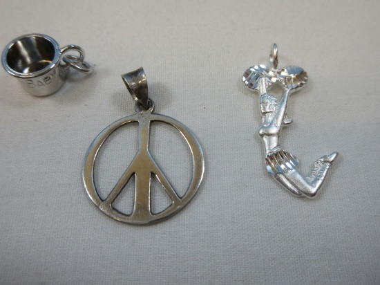 3 pcs. Sterling Silver Peace Sign Symbol Pendant, Cheerleader Pendant and Baby Cup Charm