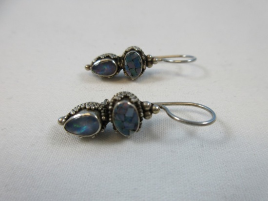 Elegant Sterling Silver Stamped NSNW Blue Opal Dangle Pierced Earrings French Hook Design