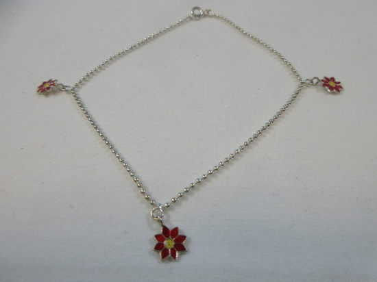 Sterling Silver Ball Chain Bracelet w/ Poinsettia Flower Charm Wgt. 2.5 G