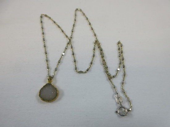 Sterling Silver 16" Gold Plated Necklace Chian w/ White Drusy Stone Pendant