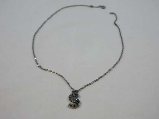 Sterling Silver Rolo Necklace w/ Letter "S" Pendant Star-Studded 16" Wgt. 3 G