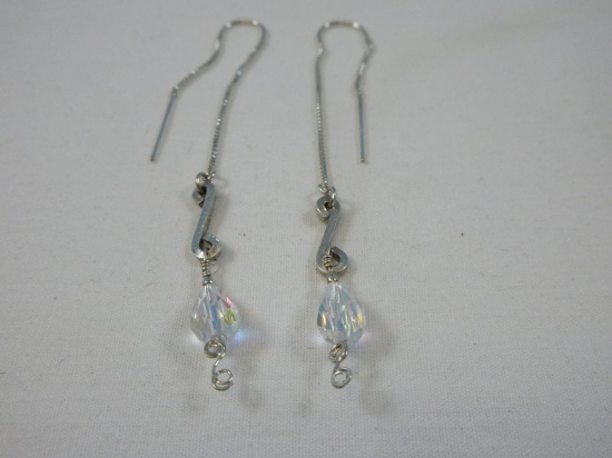 Striking Pair Sterling Silver Box Chain and Aurora Borealis Stylized Dangle Silver Thread Earrings
