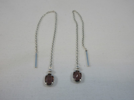 Sterling Silver Pair of Threader Pierced Earrings Dangle Chain w/ Amethyst Color Stones Simple