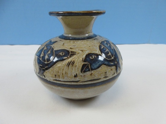 Exceptional Signed North Eagle Pottery 4 1/2" Round Vase Flared Narrow Neck Incised Design
