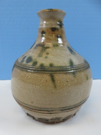 Marvelous Studio Art Pottery Sign C.P. Bulbous 6 1/4" Form Vase Brown/Dark Green
