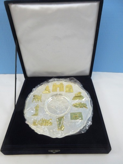 Decorative Cast Metal 8" Plate w/ Stand Featuring Iconic Symbols and Structures Ancient