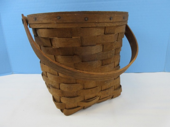 Vintage Longaberger Artist Signed Hand Woven Split Oak Gathering Basket w/ Center Swing