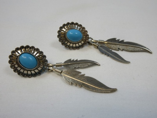 Fantastic Pair Sterling Silver Sleeping Beauty Cabochon Turquoise Gemstones w/ Dangling