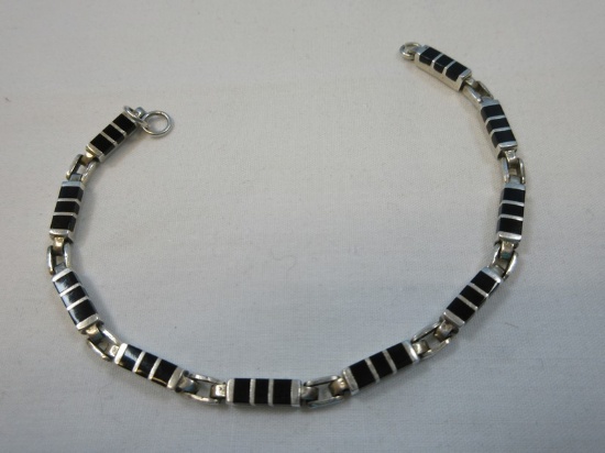 Sterling Silver Modern Design Bracelet w/ Black Onyx Rectangular Gemstones End/End 7"