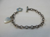 Sterling Silver Mexico Heart Charm Cable Chain Link Bracelet w/ Flower Toggle Clasp 7