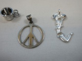 3 pcs. Sterling Silver Peace Sign Symbol Pendant, Cheerleader Pendant and Baby Cup Charm
