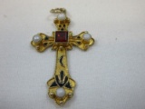 925 Sterling Silver Pectoral Cross Adorned w/a Centered Red Garnet Stone & Seed Pearls
