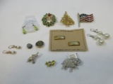 Lot Misc. Fashion Jewelry American Flag Enamel/Rhinestones, Filigree Sparkling Christmas