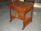 Oak Chair Side Lamp Table w/ Base Book Shelf and Single Drawer