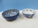 2 Semi Porcelain Blue/ White Oriental Design Bowls 8 1/2