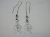 Striking Pair Sterling Silver Box Chain and Aurora Borealis Stylized Dangle Silver Thread Earrings