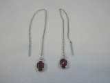 Sterling Silver Pair of Threader Pierced Earrings Dangle Chain w/ Amethyst Color Stones Simple