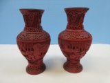 Antique Pair of Qing Dynasty Chinese Red Cinnabar 6 3/8