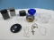 Lot Cobalt Blue Studio Art Glass Bowl Brass Round Trinket Box Enamel Oriental Design, Crystal