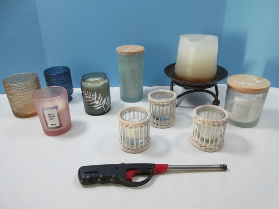 Lot Misc Scented Candles, Pillar Candles, Various Decorative Stands & Votive Holders Rustic