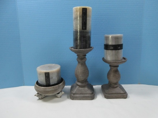 Lot 6"/8" Pair Polyresin Pillar/Tapered Candle Stands Antiqued Brushed Patina, Adorable Metal