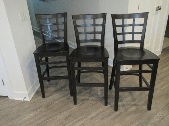 Fantastic Set of 3 Transitional Modern Black Mocha Curved Lattice Back Counter Bar Stools-