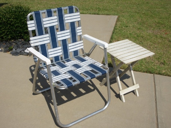 Lot Vintage Aluminum Frame Folding Lawn Chair w/Slate Folding Side Table