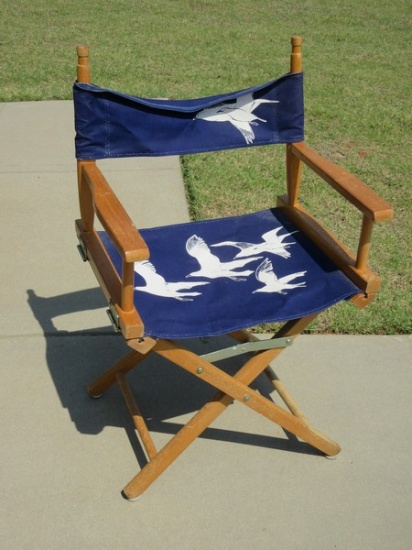 Classic Wooden Folding Director's Chair w/Navy Blue Canvas Seat & Back Flock of Seagulls