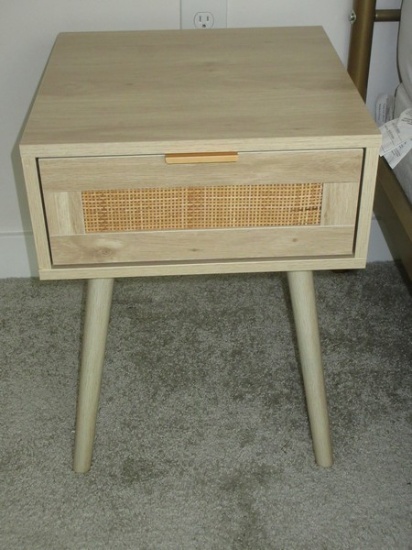 Pair Lazzo Furniture Nightstand w/Rattan Weaving Drawer Modern Design Tapered Legs-Est $175