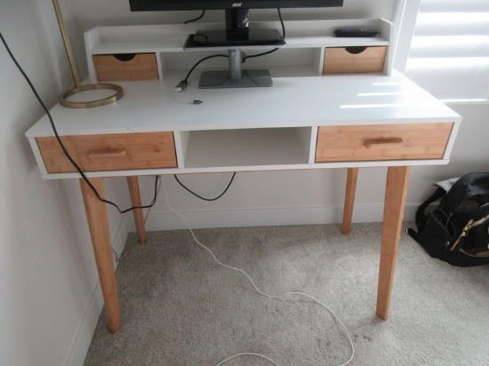 White Sleek Modern Computer Desk w/Low Hutch Shelf Bamboo Drawers & Legs-38"H x 41" x 21"