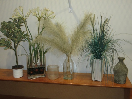 Lot Decorative Faux Plants, Glass Antiqued Patina Bottle, Feathery  Plumes etc.
