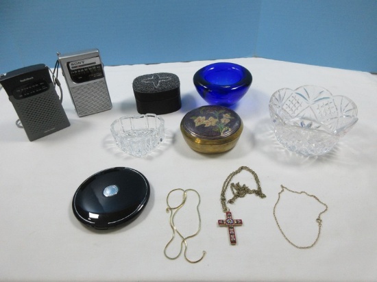 Lot Cobalt Blue Studio Art Glass Bowl Brass Round Trinket Box Enamel Oriental Design, Crystal