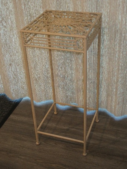 Beige metal Plant Stand Center Medallion & Scrollwork Design Top & Accent Trim- 28"H, Top 12"