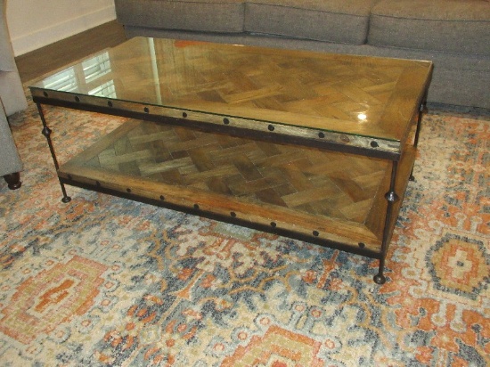 Rectangular Rustic Industrial-Style Coffee Table Distressed Wooden Herringbone Pattern Top w/
